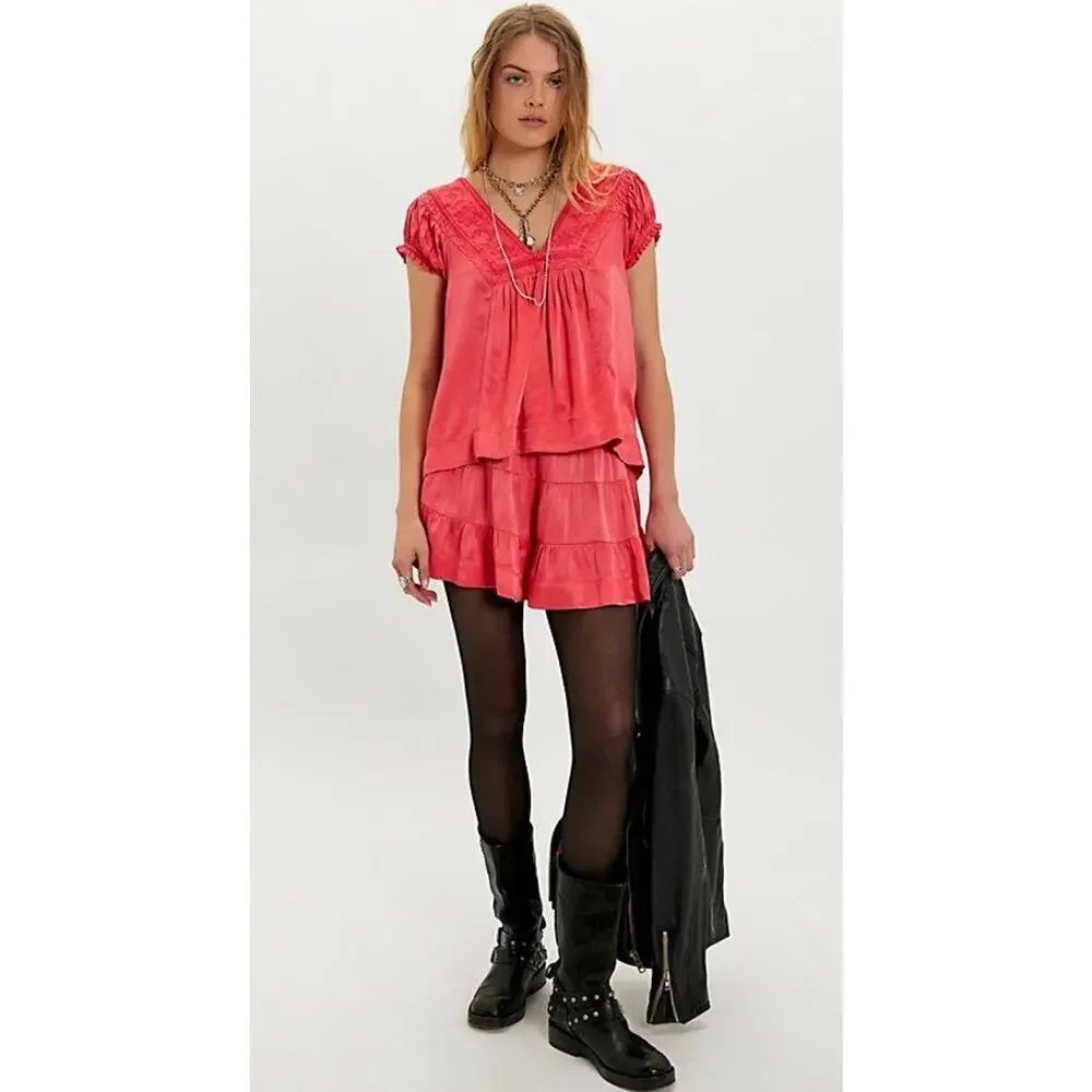 Free People Rivington Skirt Set Embroidered Boho Deep Sea Coral Orange Med NWT
